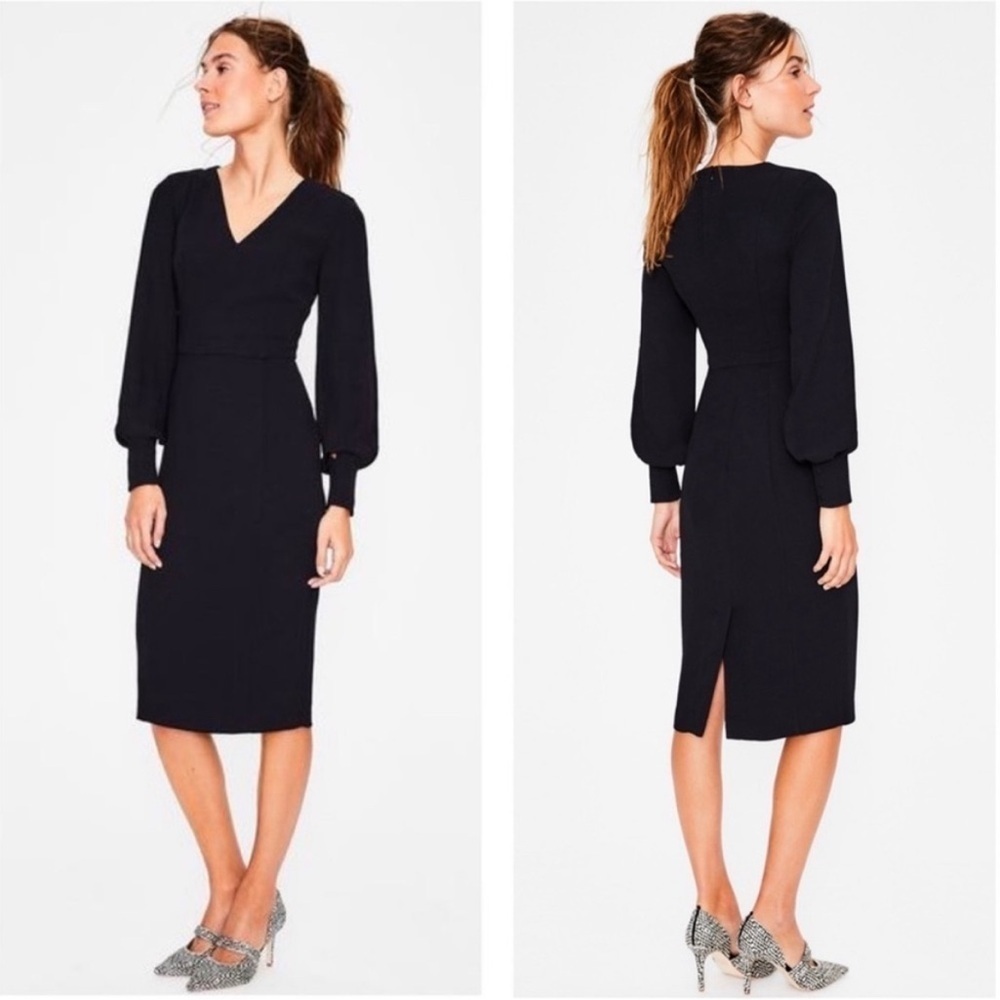 Boden Black Sheath Midi Dress with Bishop Sleeves